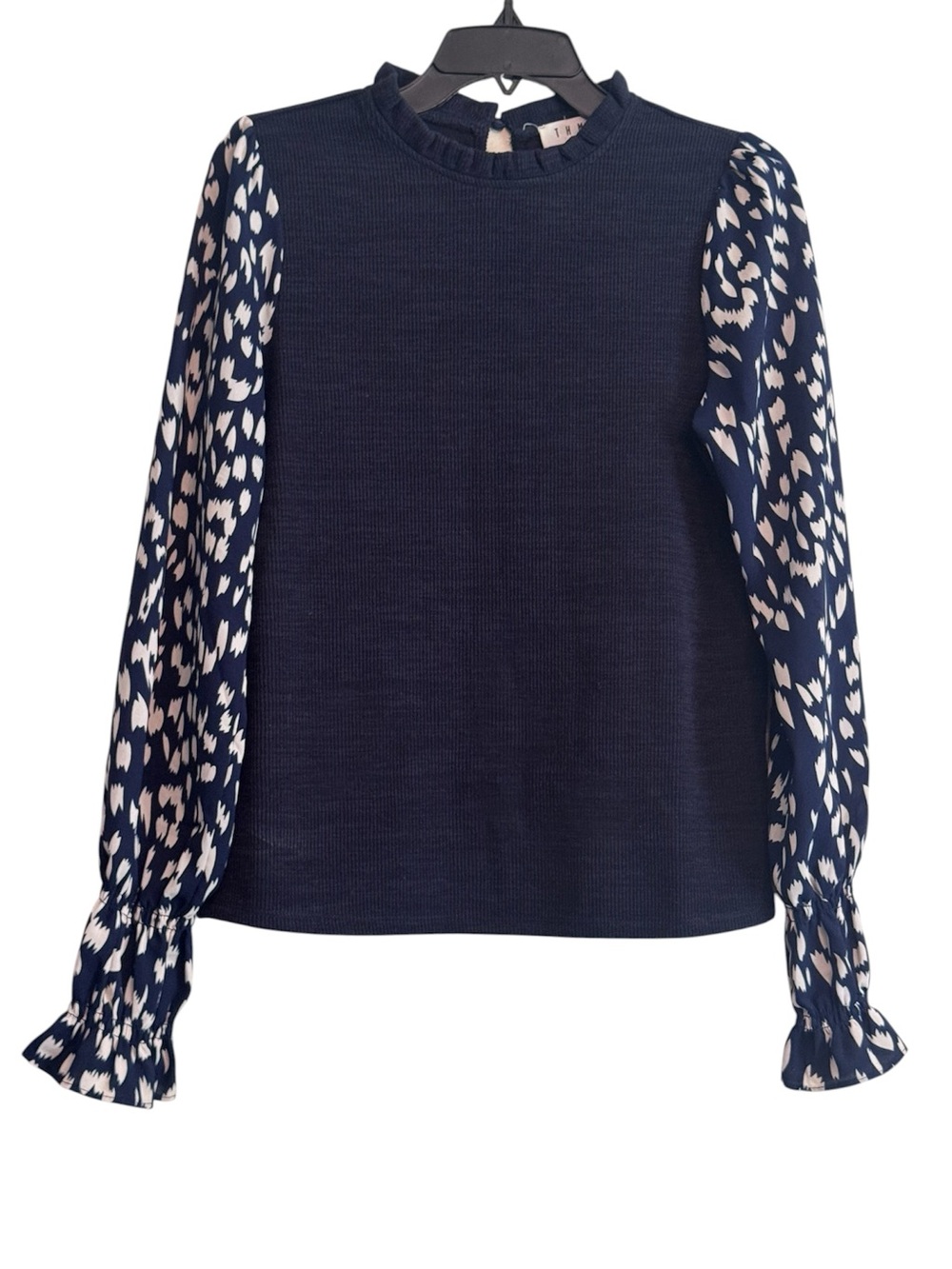 THML Navy Mixed-Media Ruffle-Neck Blouse